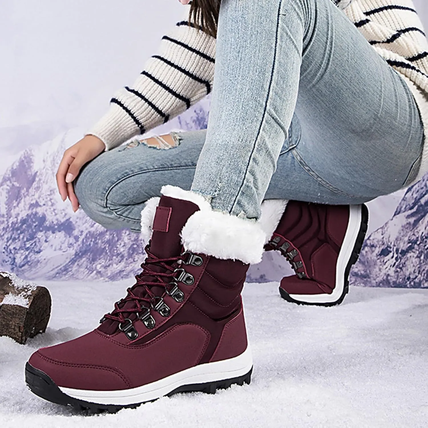 Fur Boots for Women Winter,Casual Trekking Lightweight Snow Boots for Women Waterproof,Warm Fur Lined Winter Sneakers for Women,for Walking/Hiking