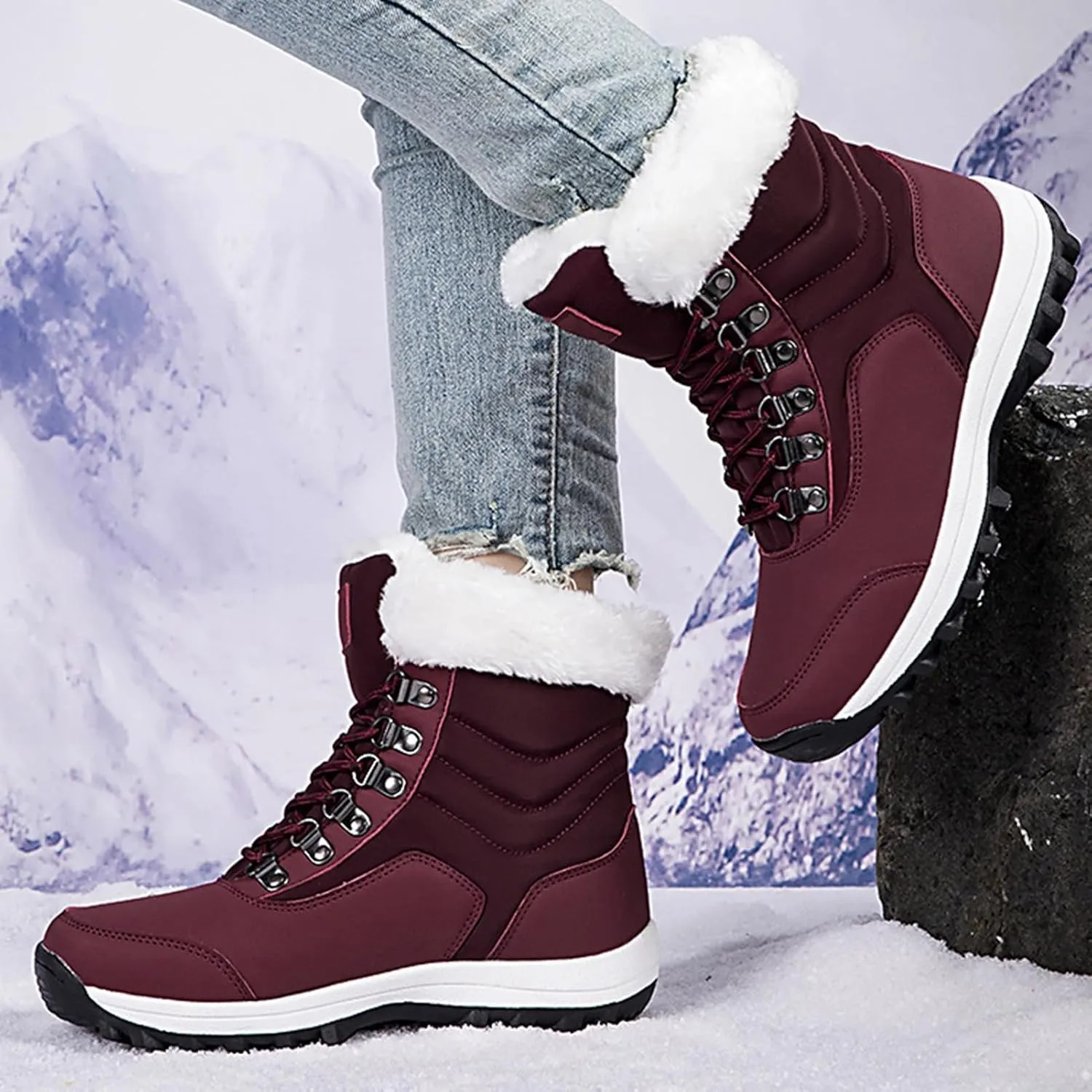 Fur Boots for Women Winter,Casual Trekking Lightweight Snow Boots for Women Waterproof,Warm Fur Lined Winter Sneakers for Women,for Walking/Hiking