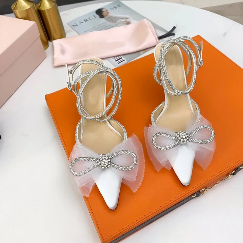 Glitter Rhinestones Pumps Crystal bowknot Satin Shoes Genuine leather High heels