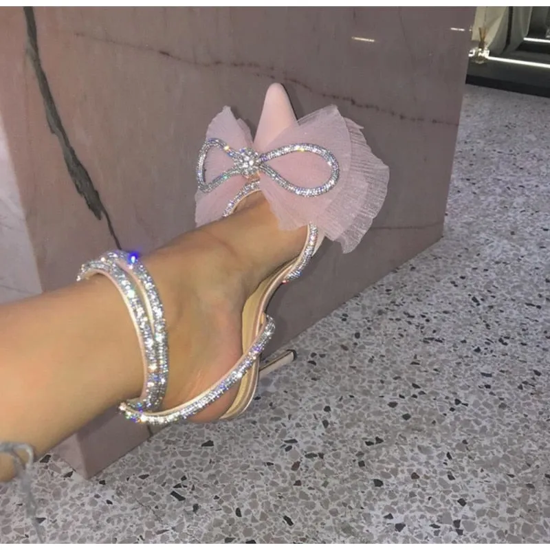 Glitter Rhinestones Pumps Crystal bowknot Satin Shoes Genuine leather High heels