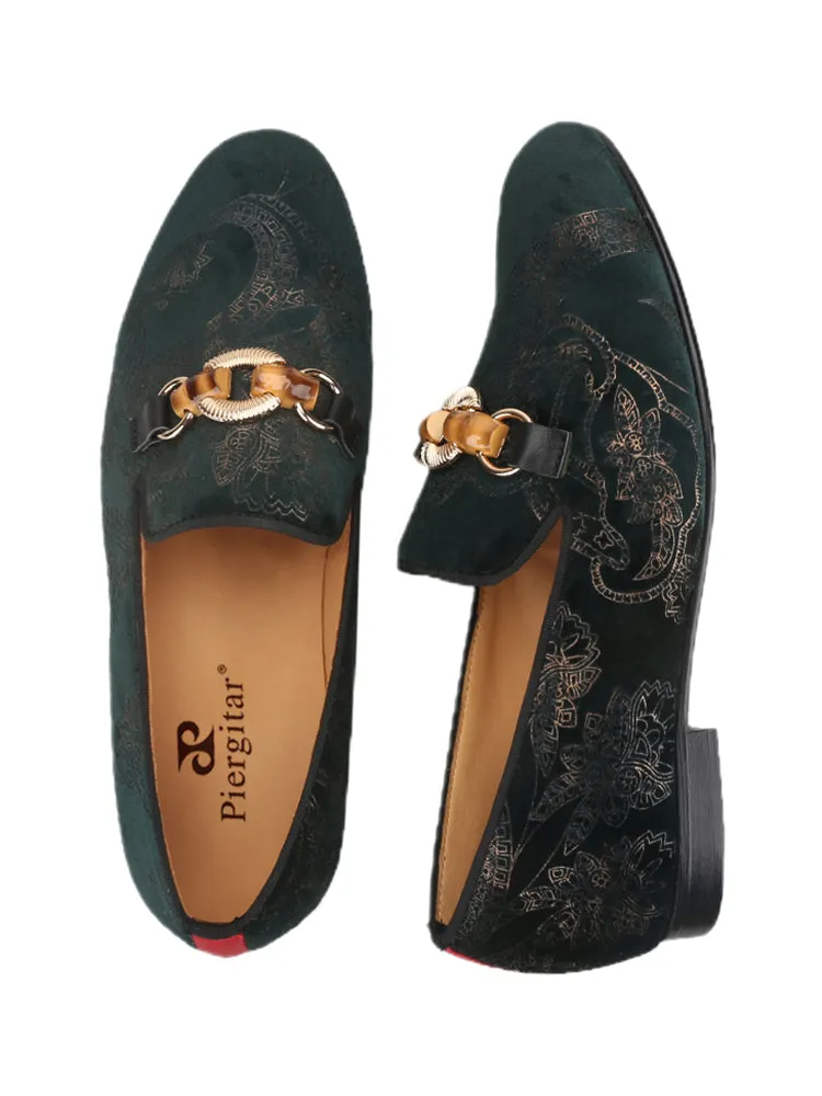 Imported totem jacquard velvet men's slip-on loafers European and American style metal buckle wedding banquet formal smoking shoes large size