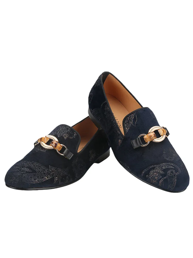 Imported totem jacquard velvet men's slip-on loafers European and American style metal buckle wedding banquet formal smoking shoes large size
