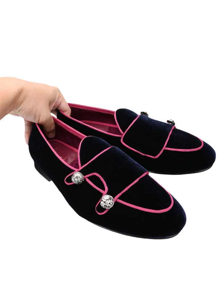 Imported two-color velvet men's Monk shoes European and American style wedding party metal buttons trendy slip-on loafers