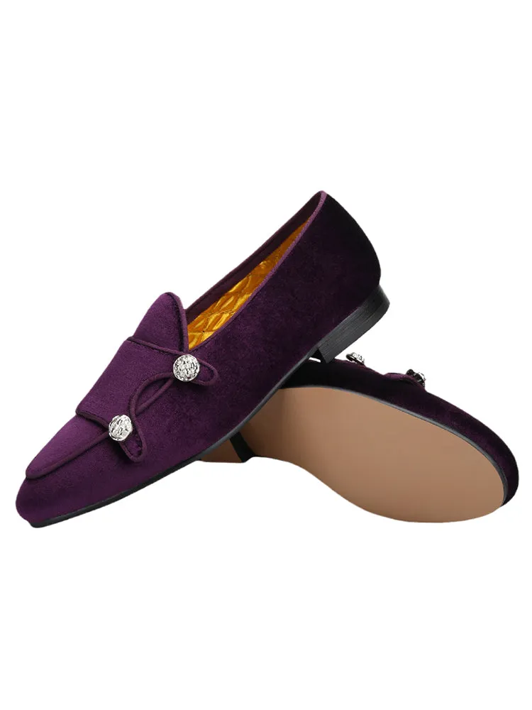 Imported two-color velvet men's Monk shoes European and American style wedding party metal buttons trendy slip-on loafers
