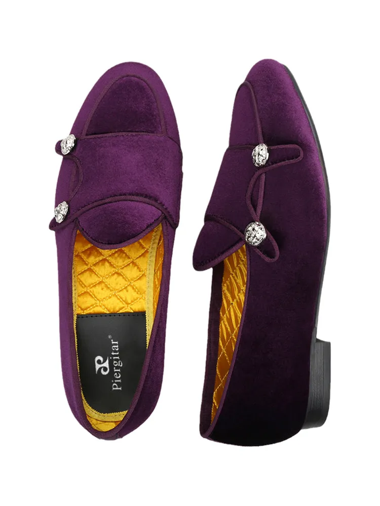 Imported two-color velvet men's Monk shoes European and American style wedding party metal buttons trendy slip-on loafers