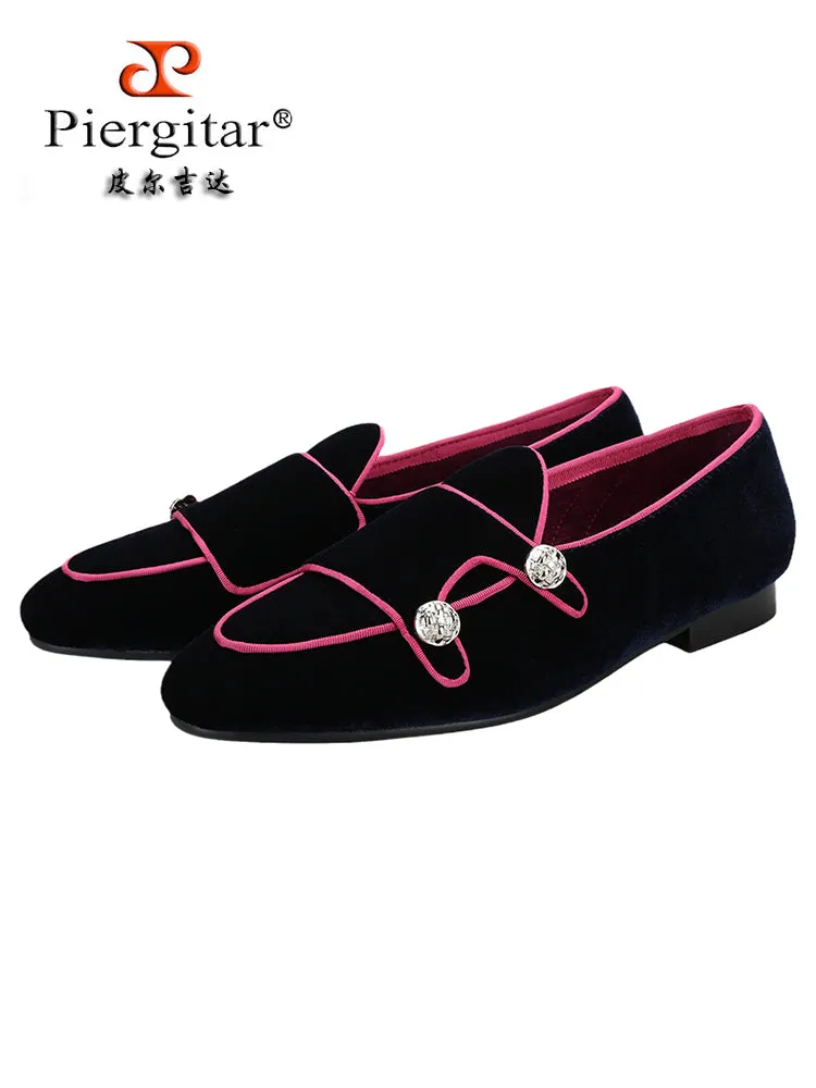 Imported two-color velvet men's Monk shoes European and American style wedding party metal buttons trendy slip-on loafers