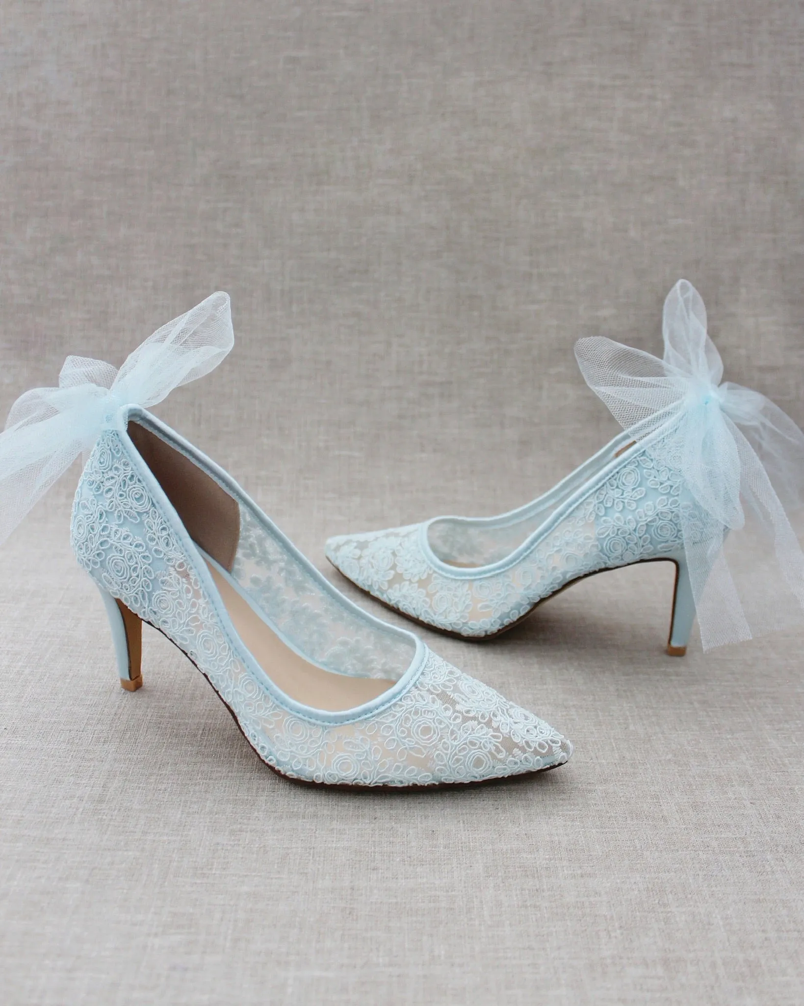 Lace Evening Shoes with Tulle Back Bow