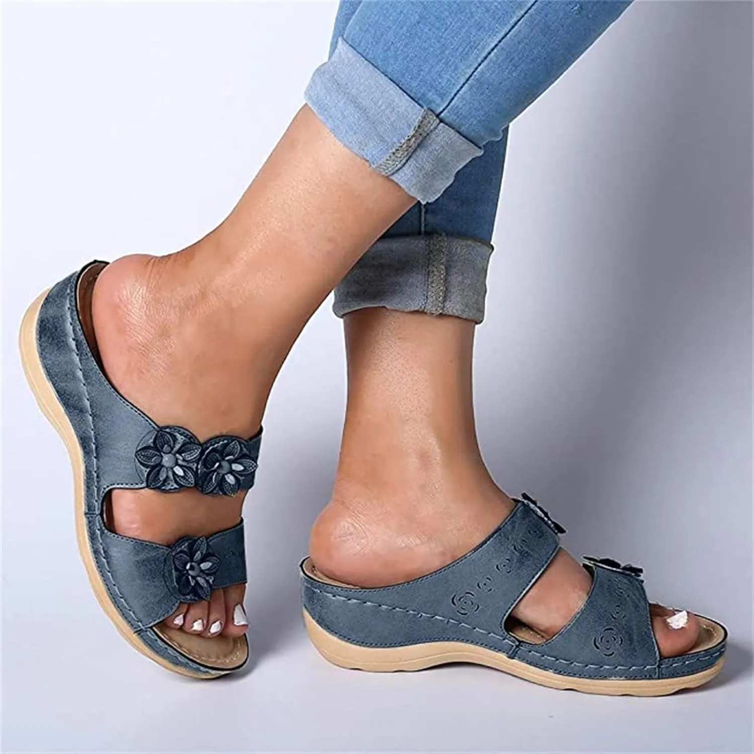 Ladmiple Sandals for Women Casual Summer Flower Orthopedic Sandal with Arch Support Beach Roman Open Toe Flip Flops Shoe