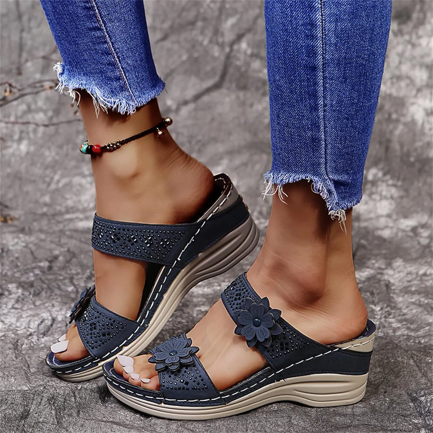 Ladmiple Sandals Women 2023 Fashion Flower Orthopedic Flip Flops Arch Support Wedge Slippers Casual Roman Slip On Sandal