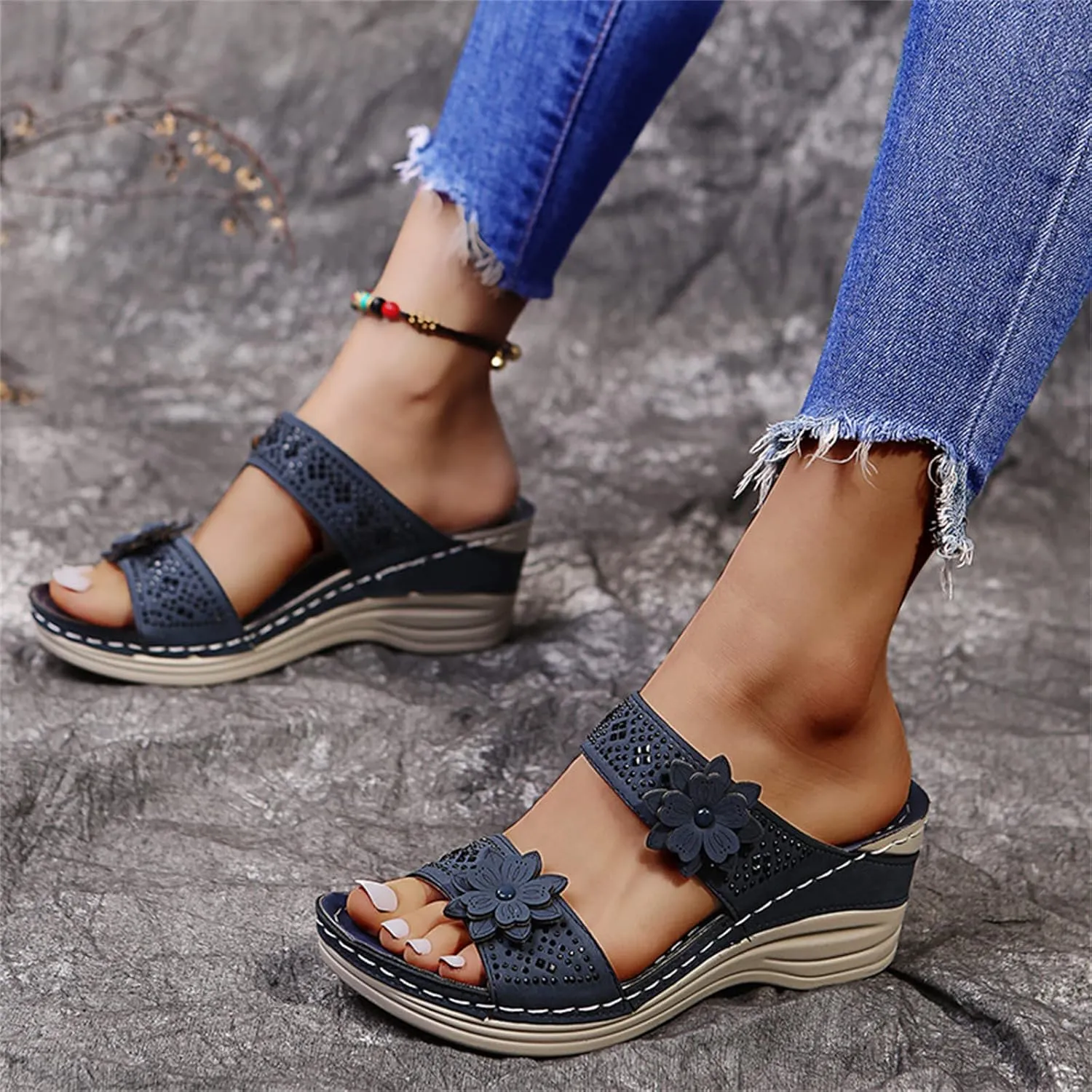 Ladmiple Sandals Women 2023 Fashion Flower Orthopedic Flip Flops Arch Support Wedge Slippers Casual Roman Slip On Sandal