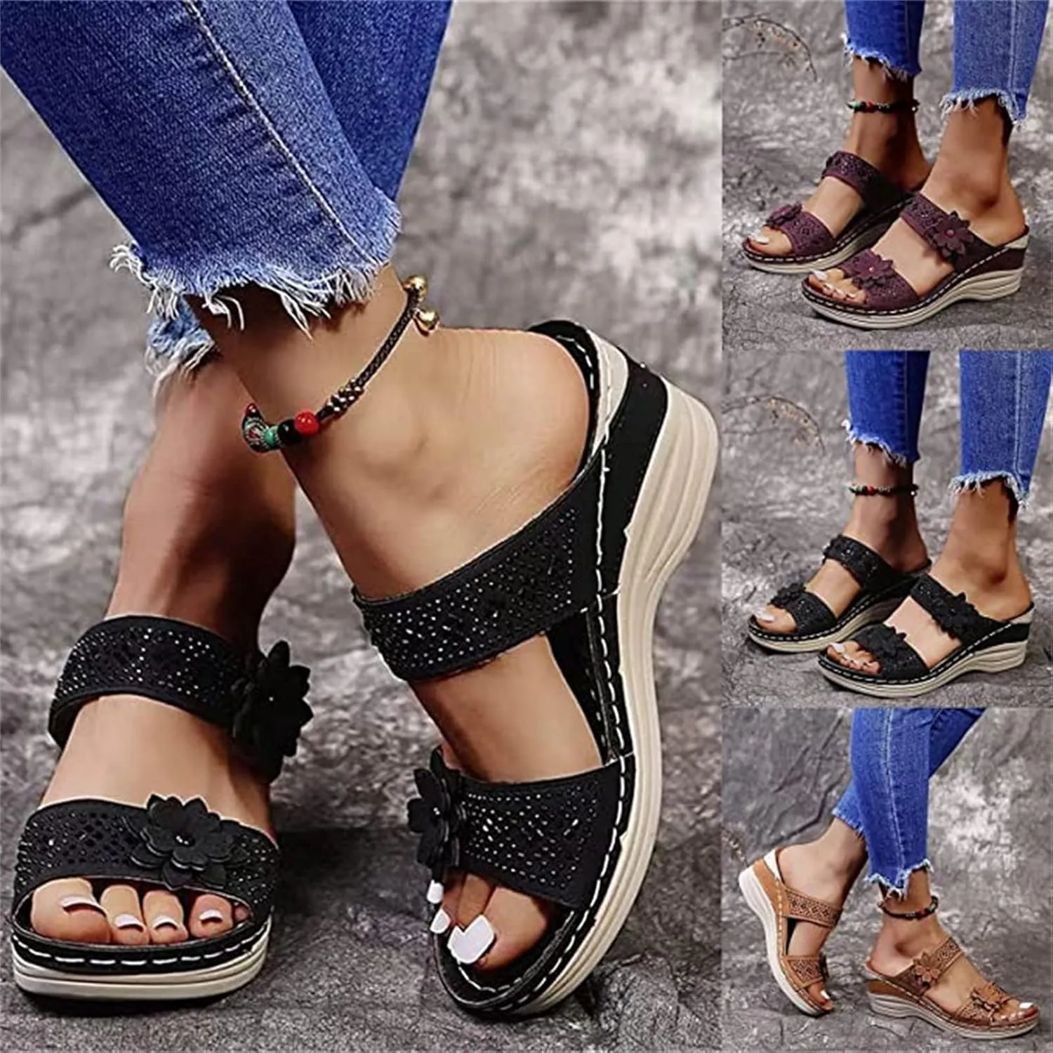 Ladmiple Sandals Women 2023 Fashion Flower Orthopedic Flip Flops Arch Support Wedge Slippers Casual Roman Slip On Sandal