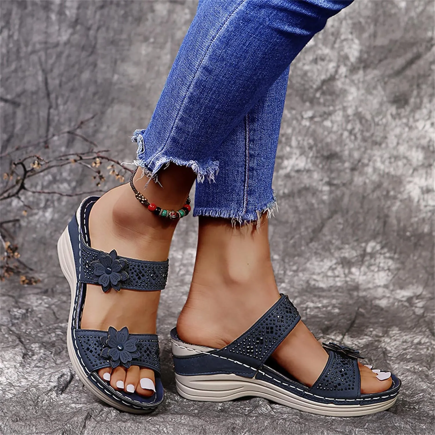Ladmiple Sandals Women 2023 Fashion Flower Orthopedic Flip Flops Arch Support Wedge Slippers Casual Roman Slip On Sandal