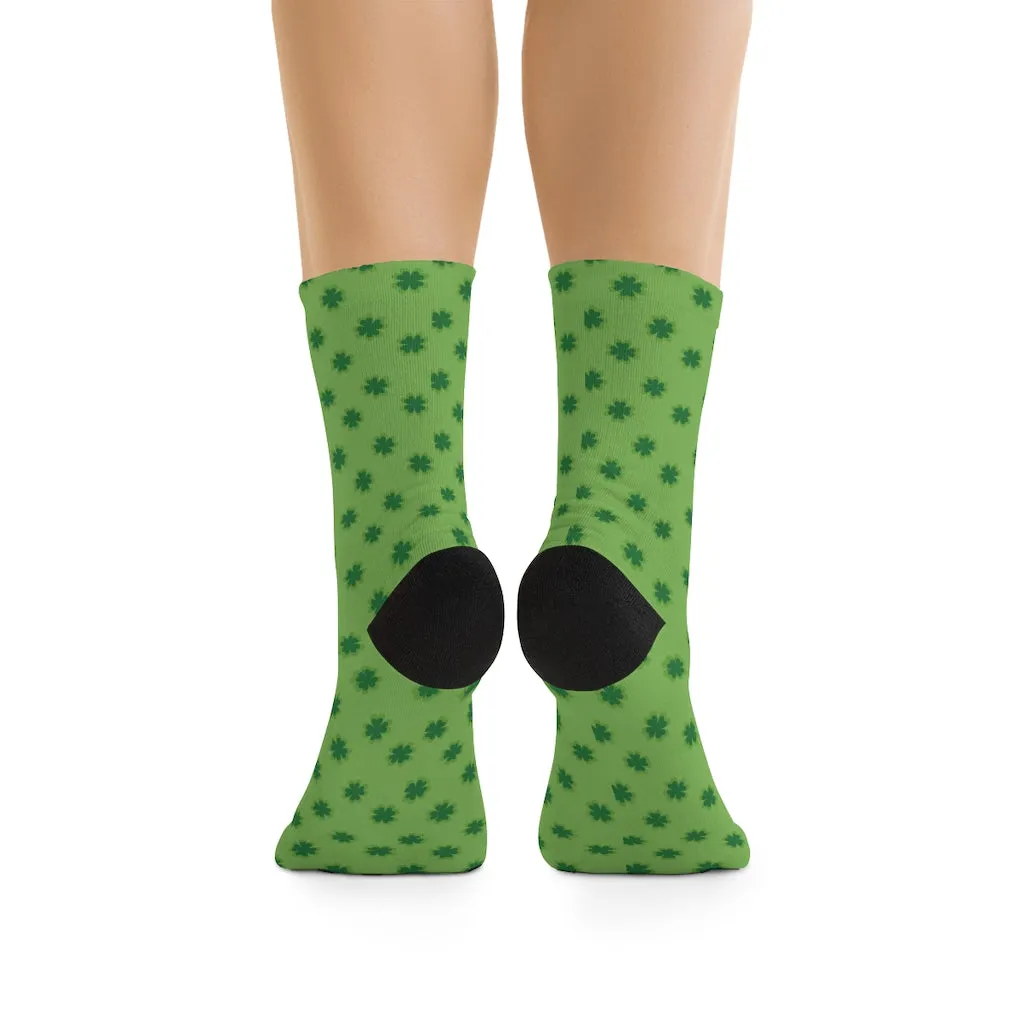 Light Green Socks, St. Patrick's Day Clover Print Unisex One Size Elastic Socks- Printed in USA