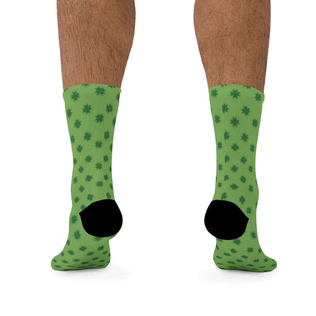 Light Green Socks, St. Patrick's Day Clover Print Unisex One Size Elastic Socks- Printed in USA