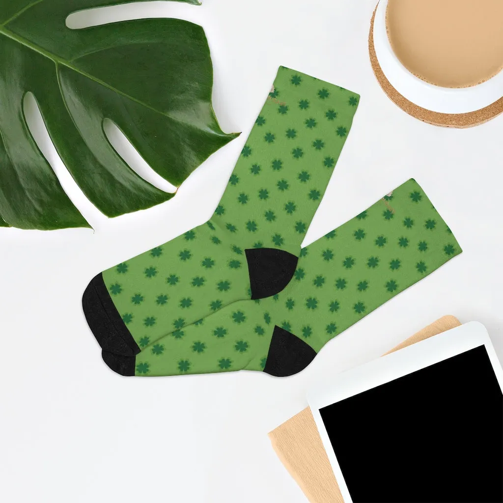 Light Green Socks, St. Patrick's Day Clover Print Unisex One Size Elastic Socks- Printed in USA
