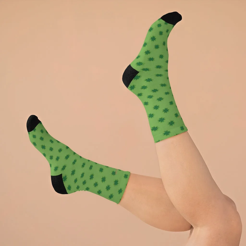 Light Green Socks, St. Patrick's Day Clover Print Unisex One Size Elastic Socks- Printed in USA