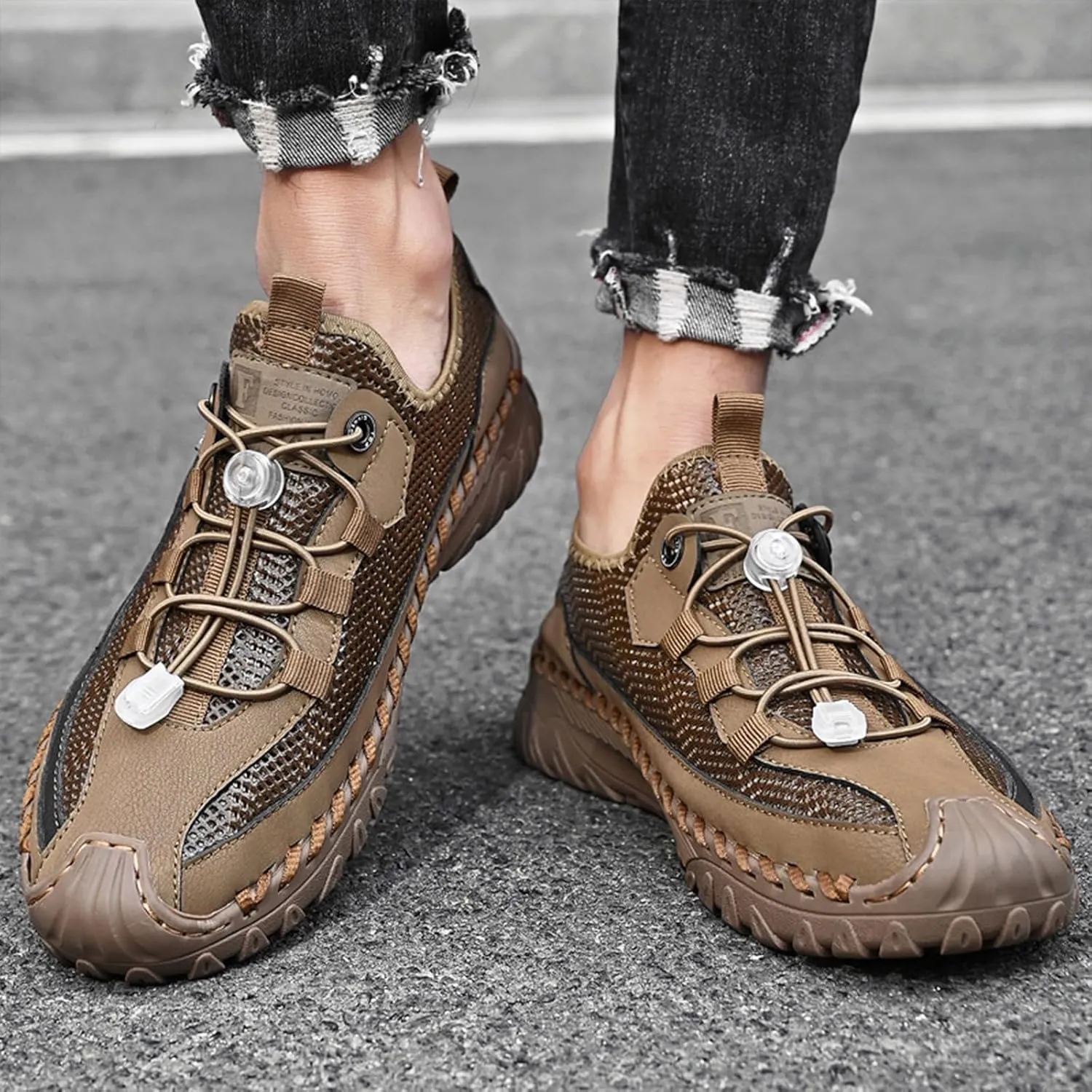 Lossarye Men's Outdoor Mesh Hiking Sports Shoes Handmade Summer Slip On Drawstring Water Shoes Breathable Non-Slip Walking Climbing Sneakers