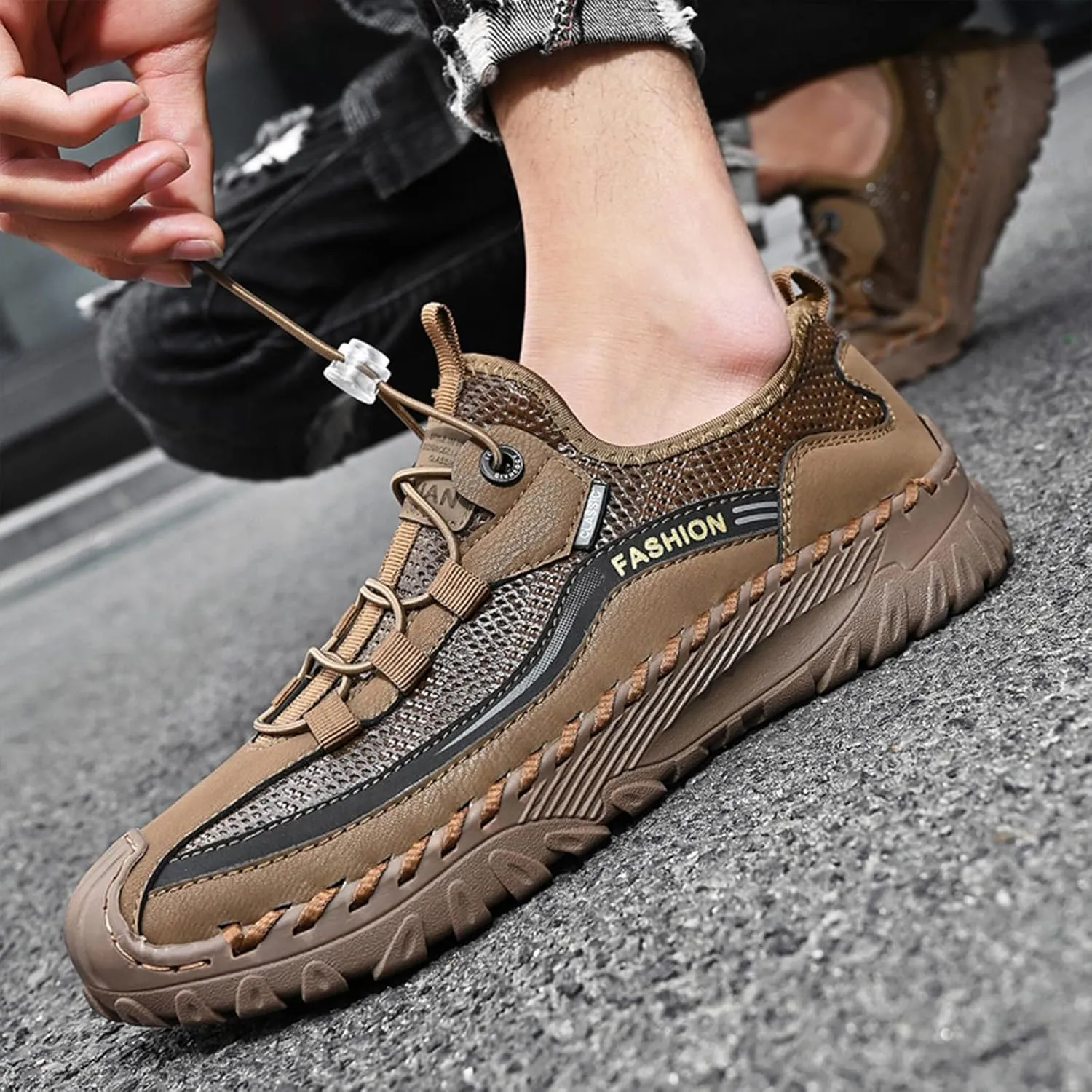 Lossarye Men's Outdoor Mesh Hiking Sports Shoes Handmade Summer Slip On Drawstring Water Shoes Breathable Non-Slip Walking Climbing Sneakers