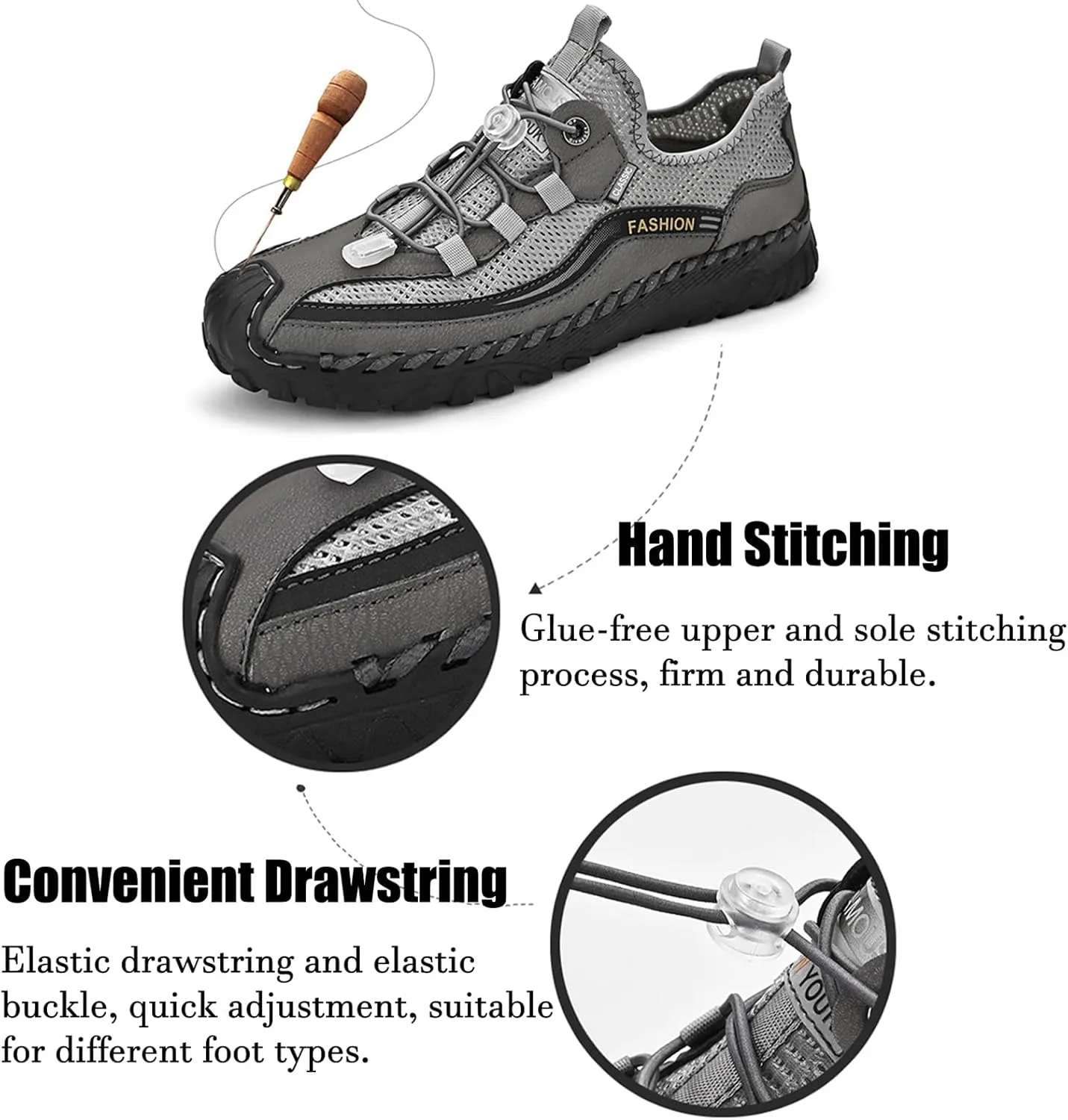 Lossarye Men's Outdoor Mesh Hiking Sports Shoes Handmade Summer Slip On Drawstring Water Shoes Breathable Non-Slip Walking Climbing Sneakers