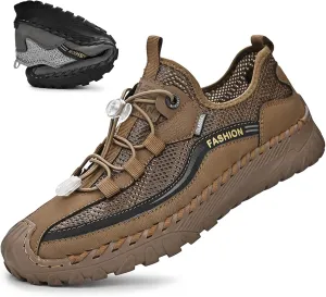 Lossarye Men's Outdoor Mesh Hiking Sports Shoes Handmade Summer Slip On Drawstring Water Shoes Breathable Non-Slip Walking Climbing Sneakers