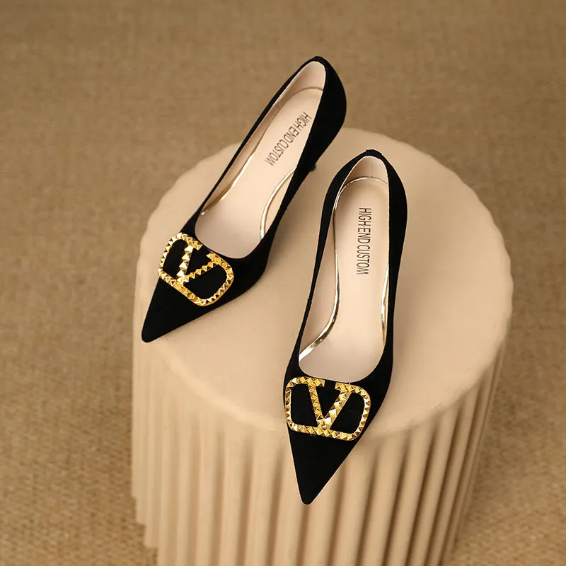 Margot Suede Black and Gold Heels