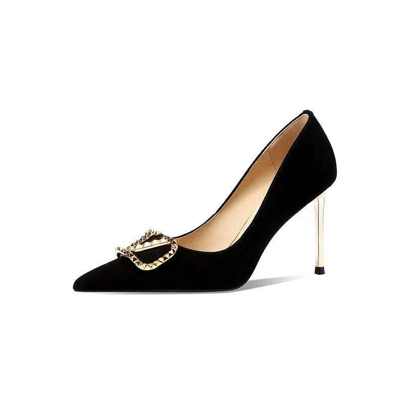 Margot Suede Black and Gold Heels
