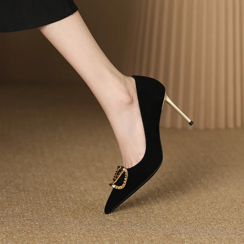 Margot Suede Black and Gold Heels