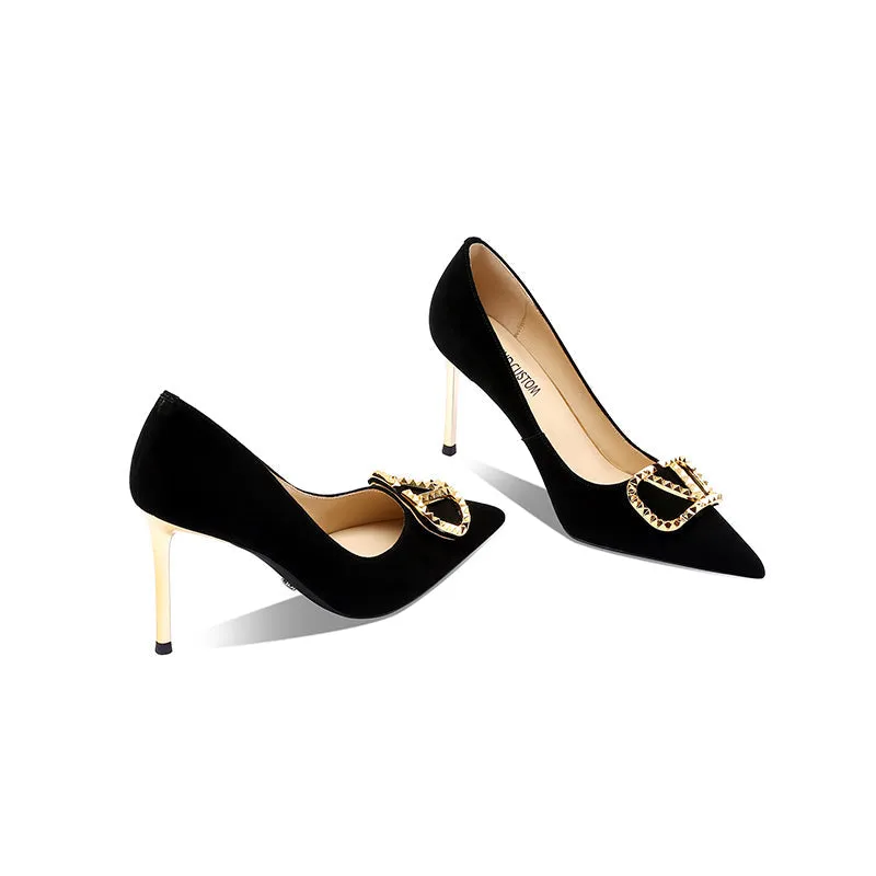 Margot Suede Black and Gold Heels
