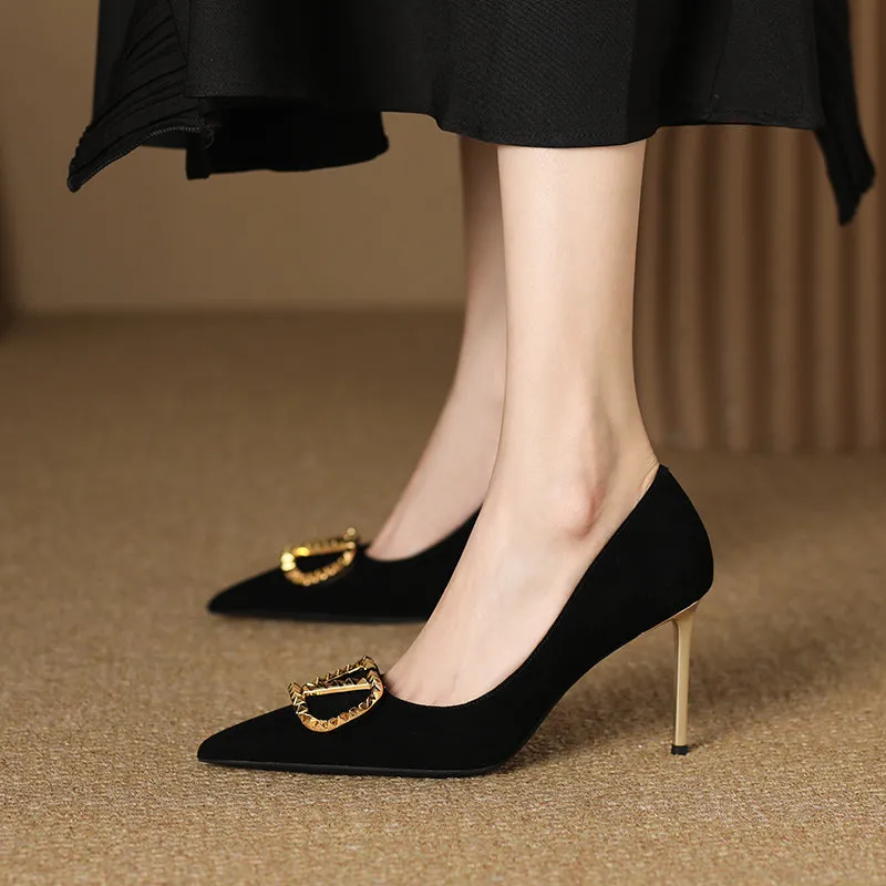 Margot Suede Black and Gold Heels