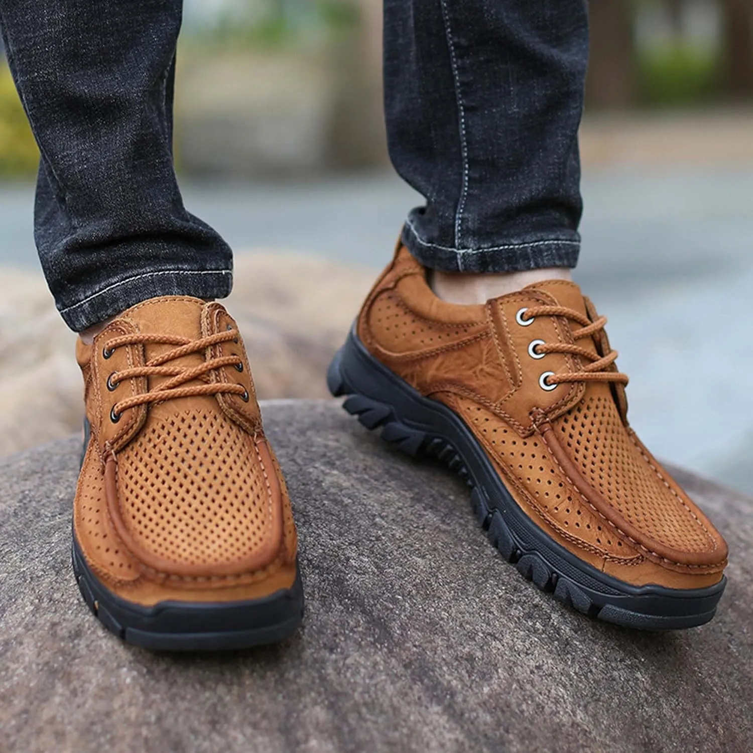 Men's Casual Sneakers Breathable Cowhide Outdoor Hiking Climbing Shoes Non-slip Lightweight Loafers Men's Hollow Out Casual Plus Size Leather Shoes, 5-14 US Size