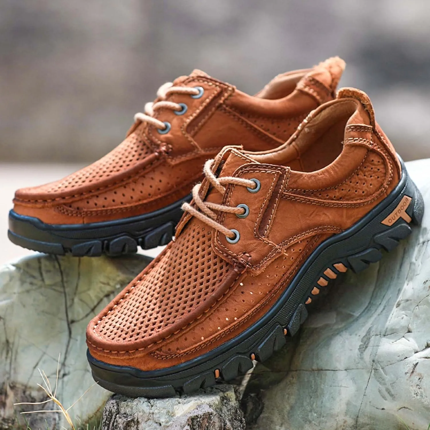 Men's Casual Sneakers Breathable Cowhide Outdoor Hiking Climbing Shoes Non-slip Lightweight Loafers Men's Hollow Out Casual Plus Size Leather Shoes, 5-14 US Size