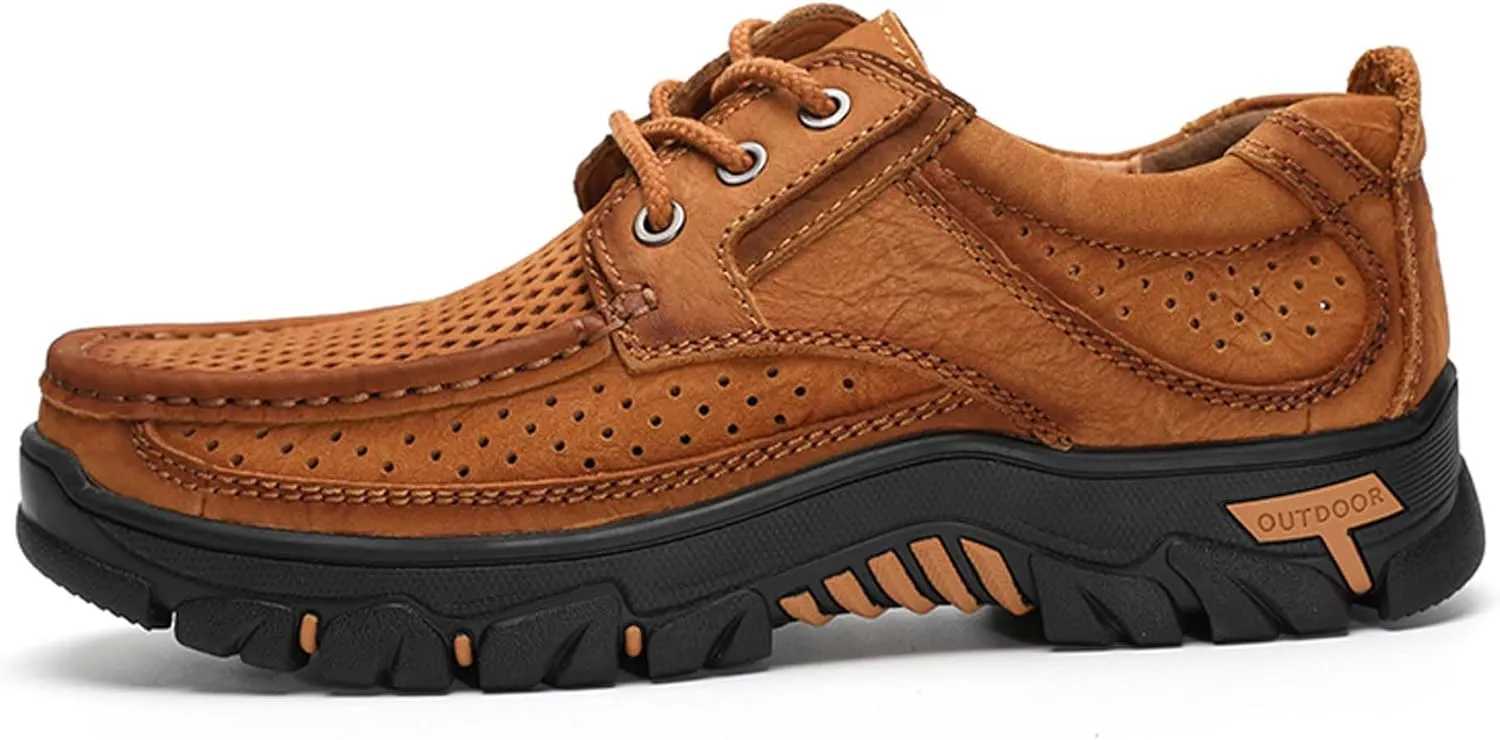 Men's Casual Sneakers Breathable Cowhide Outdoor Hiking Climbing Shoes Non-slip Lightweight Loafers Men's Hollow Out Casual Plus Size Leather Shoes, 5-14 US Size