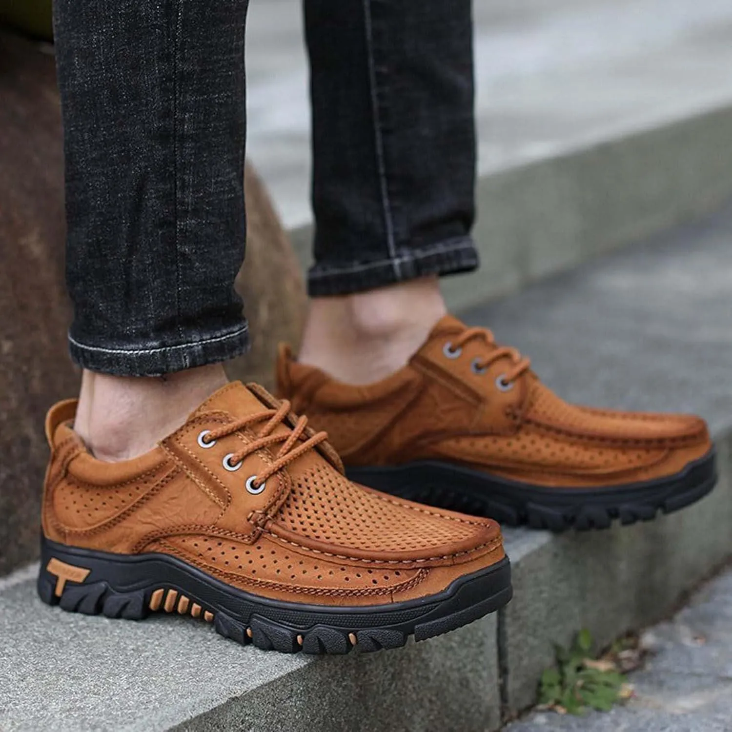 Men's Casual Sneakers Breathable Cowhide Outdoor Hiking Climbing Shoes Non-slip Lightweight Loafers Men's Hollow Out Casual Plus Size Leather Shoes, 5-14 US Size