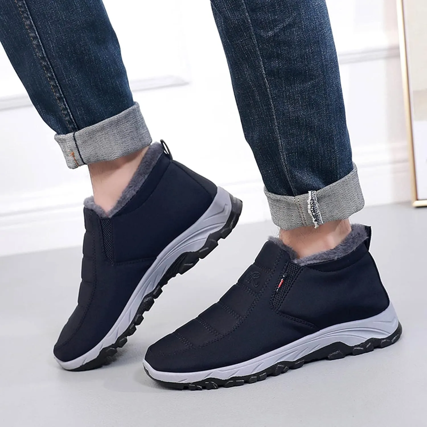 Mens Lightweight Snow Boots Winter Anti-Slip Ankle Booties Waterproof Slip On Warm Fur Lined Sneaker Thermal Boots