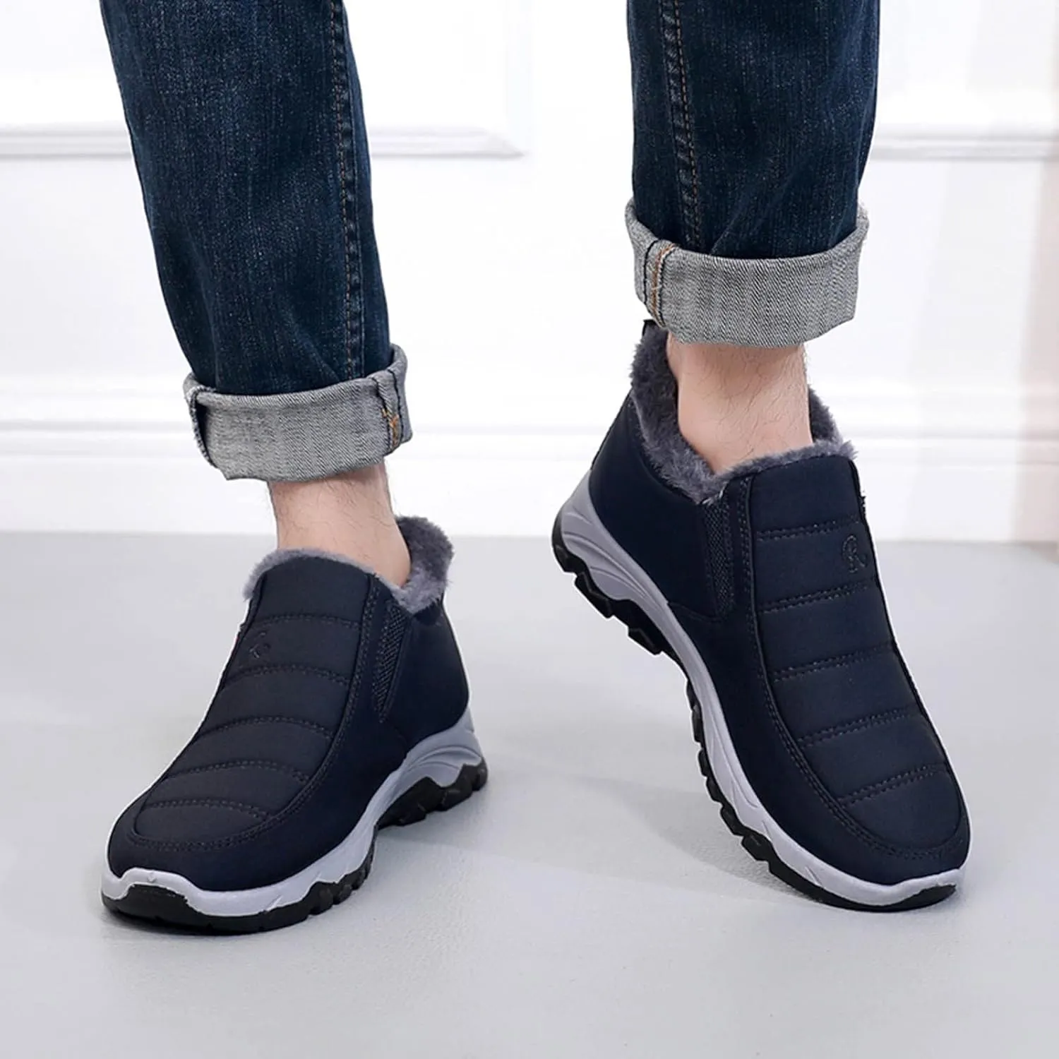 Mens Lightweight Snow Boots Winter Anti-Slip Ankle Booties Waterproof Slip On Warm Fur Lined Sneaker Thermal Boots