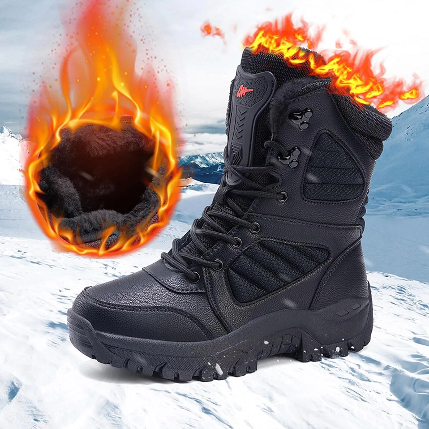 Mens Snow Boots Waterproof Winter Boots Lace Up Non Slip Fur Lined Booties Winter Casual Slip on Ankle Boots Thickening Winter Shoes Walking Hiking Boots
