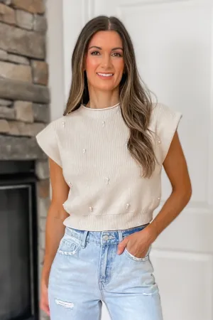 Minimally Chic Pearl Embellished Sweater Knit Top - Light Taupe