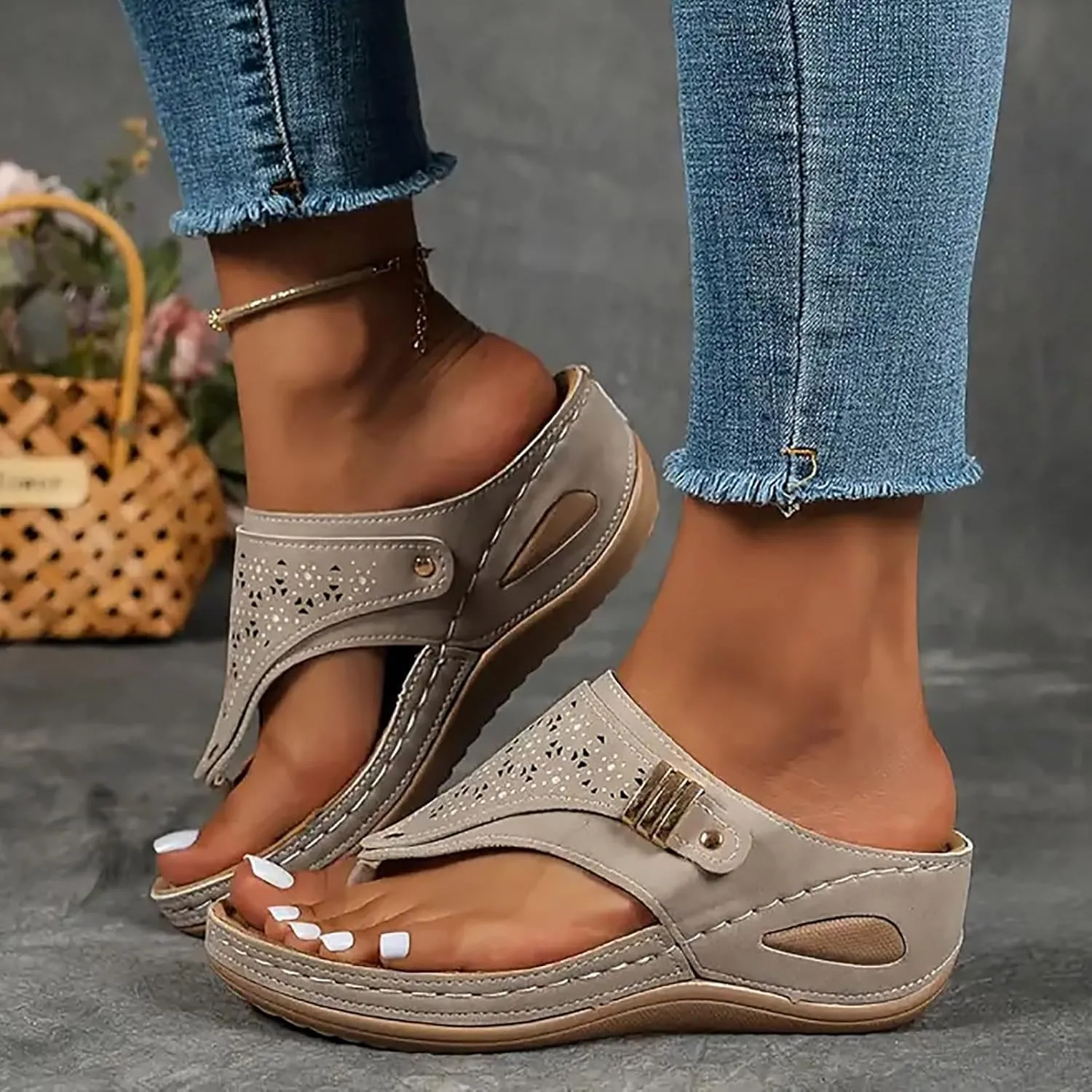 Orthopedic Sandals for Women Arch Support, Women Dressy Summer Wedge Sandals Comfortable Cushion Sandal Slip On Walking Sandal Lightweight Non-Slip Slippers Boho Beach Shoes