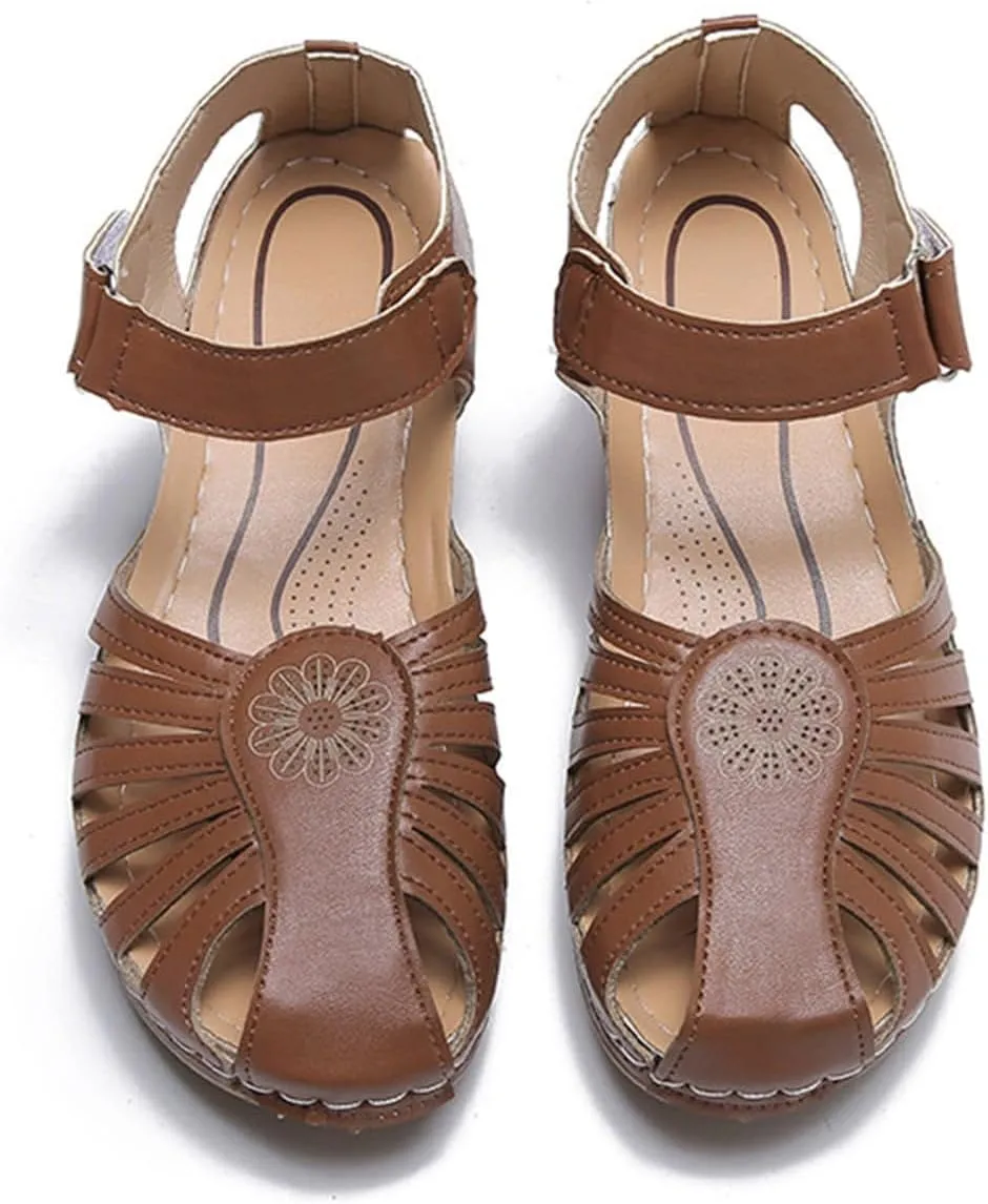Orthopedic Sandals for Women Summer Wedge Platform Sandals Closed Toe Fisherman Sandal, Comfy Bohemia Gladiator Shoes with Arch Support Casual Hollow Out Ankle Strap Leather Loafters