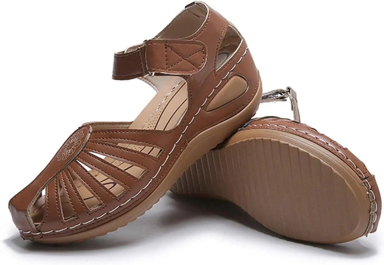 Orthopedic Sandals for Women Summer Wedge Platform Sandals Closed Toe Fisherman Sandal, Comfy Bohemia Gladiator Shoes with Arch Support Casual Hollow Out Ankle Strap Leather Loafters