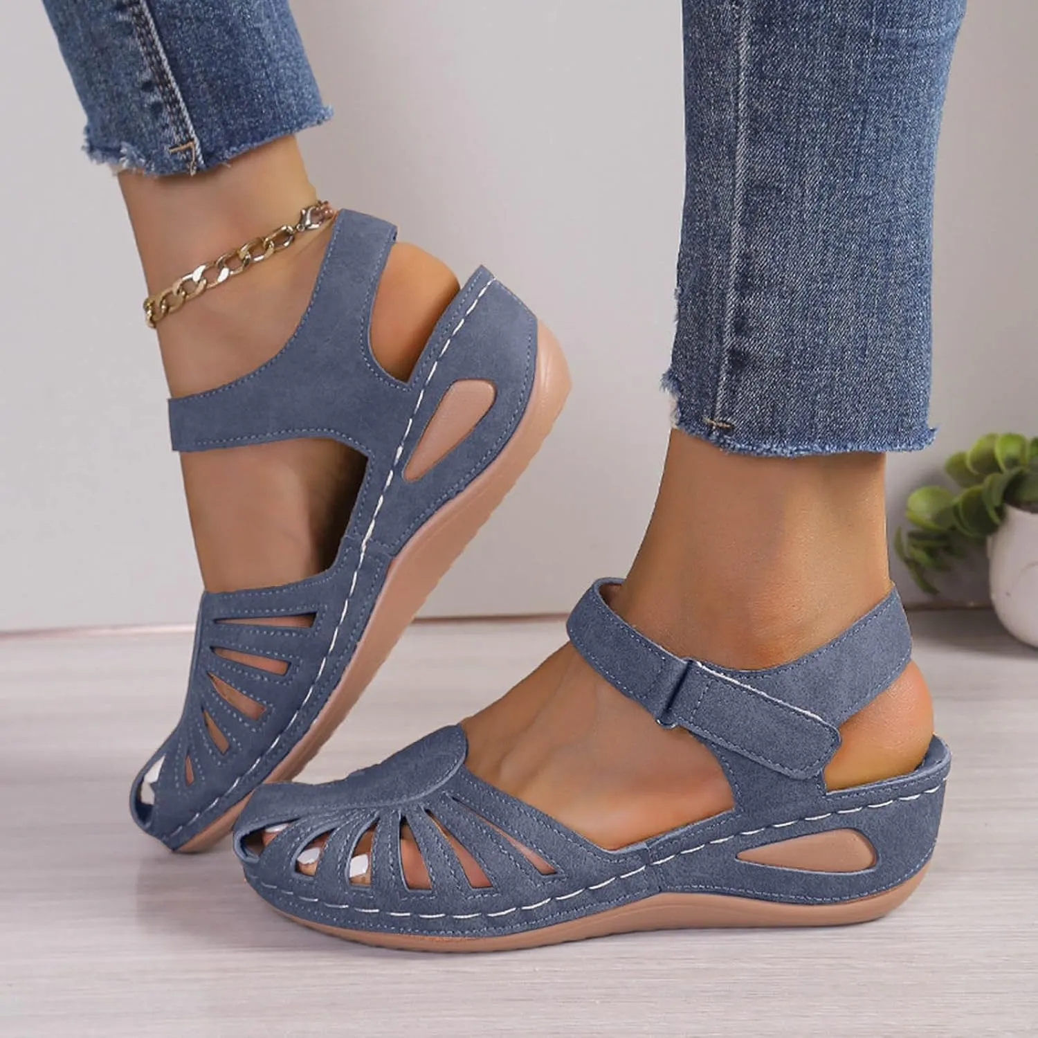 Orthopedic Wedge Sandals for Women 2025 Closed Toe Sandal Womens Arch Support Shoe Dressy Summer Ankle Strap Non-Slip Hollow Out Wedges Beach Vacation Party Casual Shoes