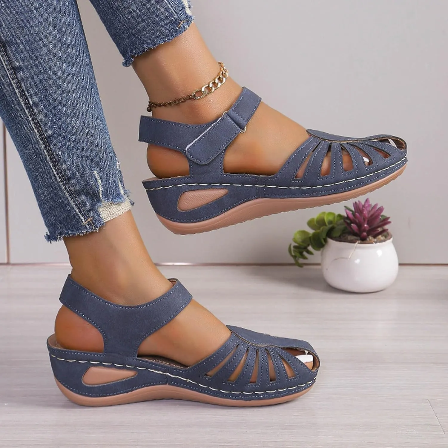 Orthopedic Wedge Sandals for Women 2025 Closed Toe Sandal Womens Arch Support Shoe Dressy Summer Ankle Strap Non-Slip Hollow Out Wedges Beach Vacation Party Casual Shoes