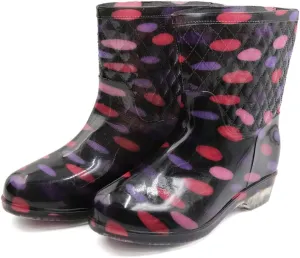 Qtqgoitem Black Pink US 8.5 Dots Pattern PVC Mid Calf Resistant Waterproof Rainshoes Snow Boots Wellies for Ladies (Model: 1a0 101 b1a b70 a1a)