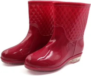 Qtqgoitem Burgundy US 8.5 Dots Pattern PVC Mid Calf Resistant Waterproof Rainshoes Snow Boots Wellies for Ladies (Model: c50 936 212 b7d 32e)