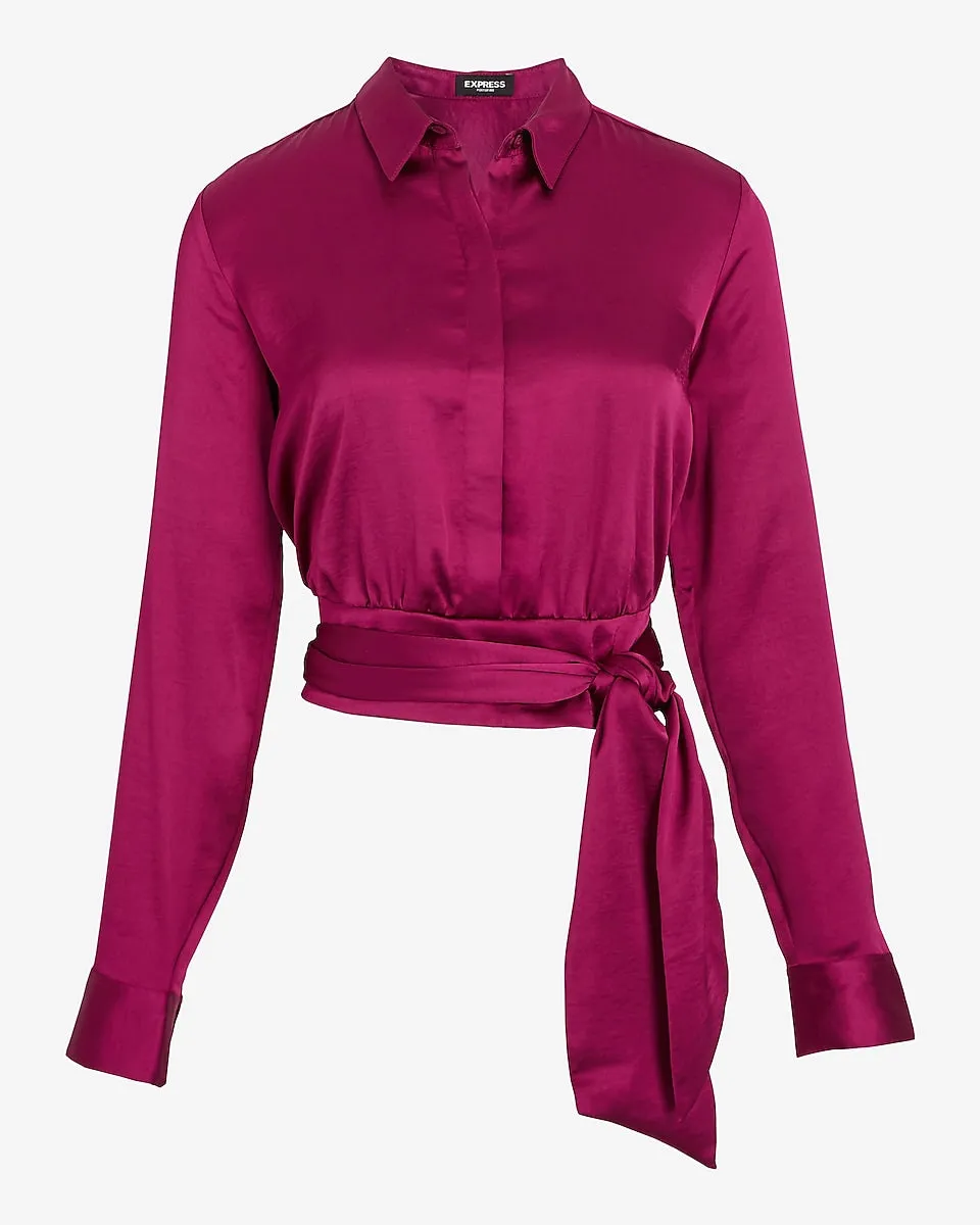Satin Tie Front Banded Bottom Portofino Shirt in Plum