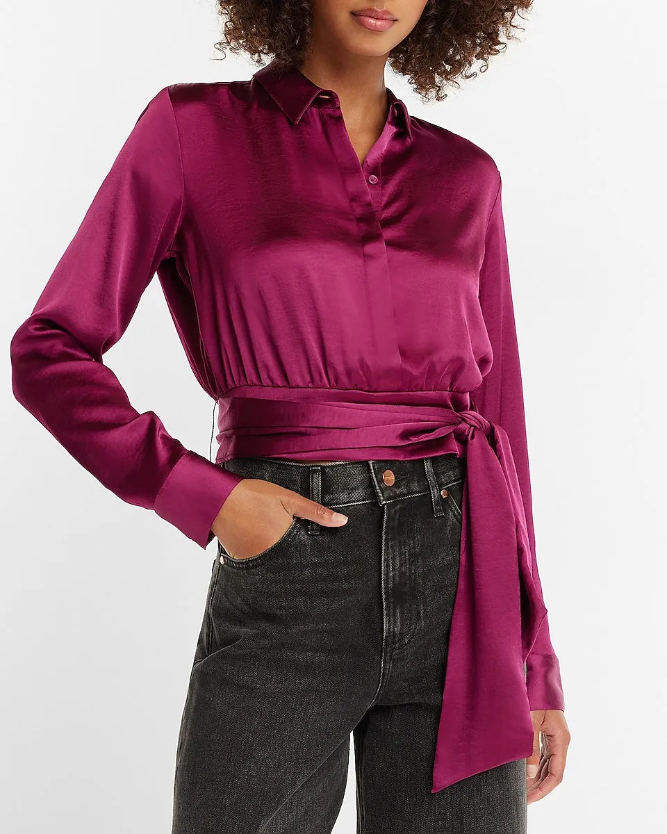 Satin Tie Front Banded Bottom Portofino Shirt in Plum