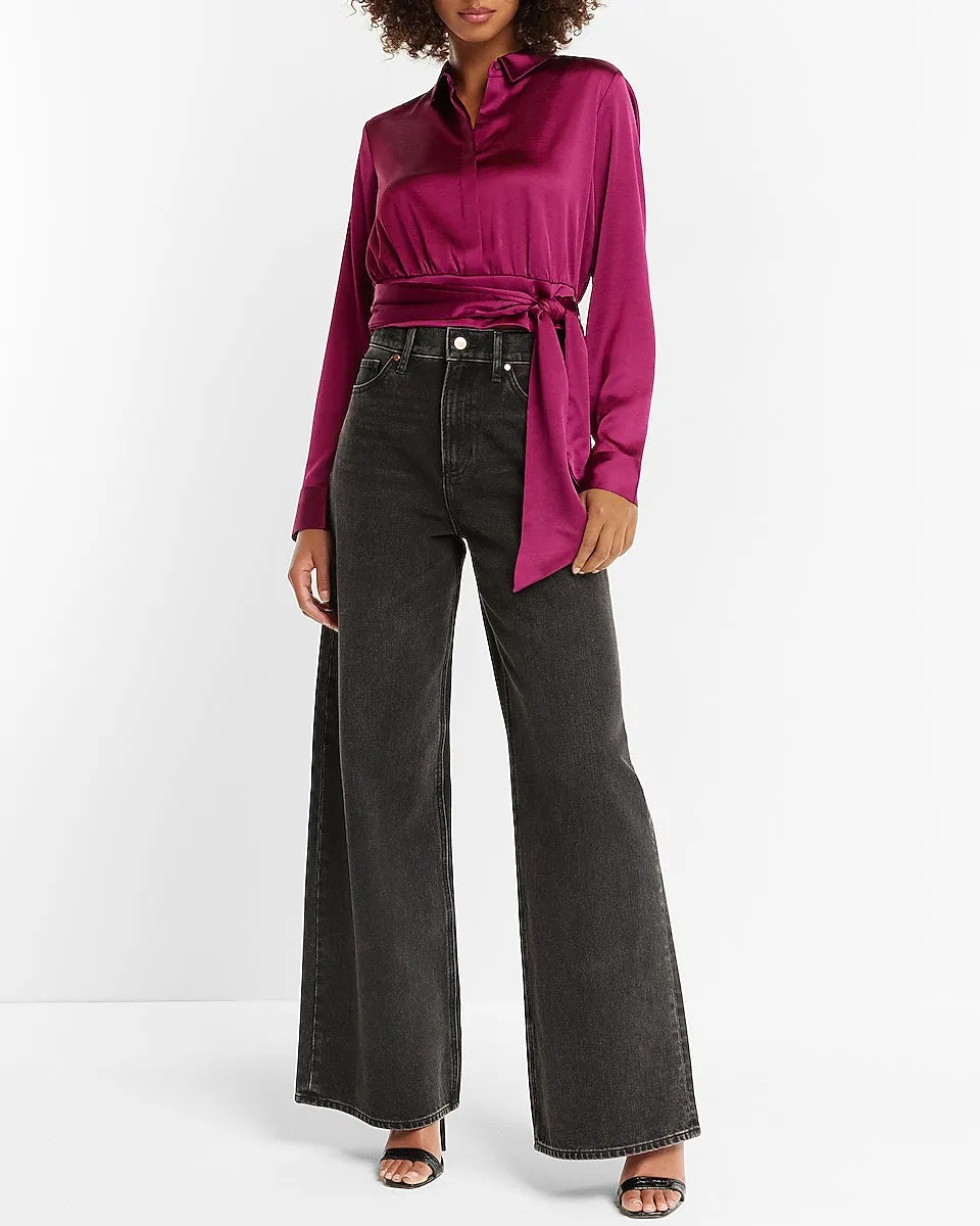 Satin Tie Front Banded Bottom Portofino Shirt in Plum