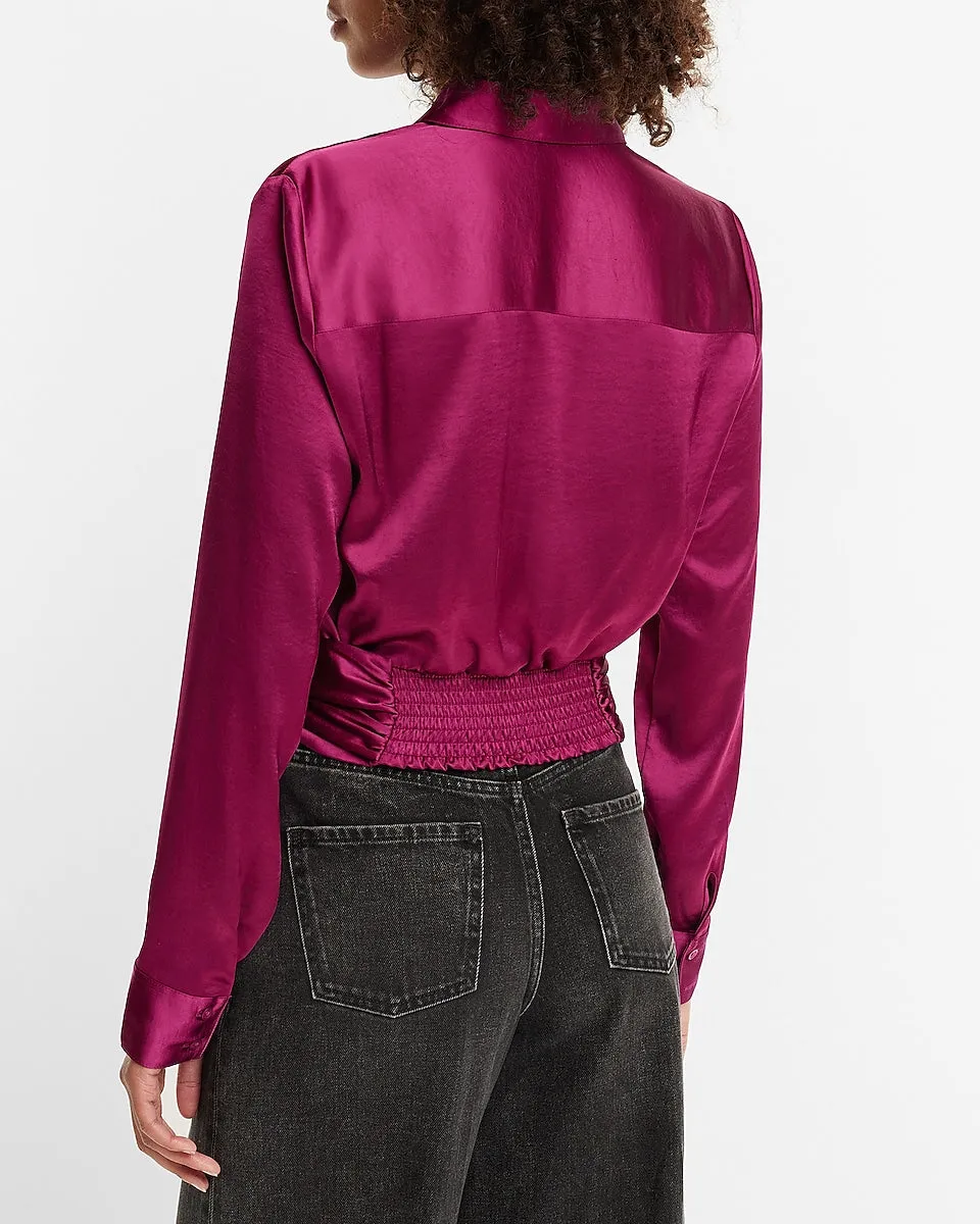 Satin Tie Front Banded Bottom Portofino Shirt in Plum