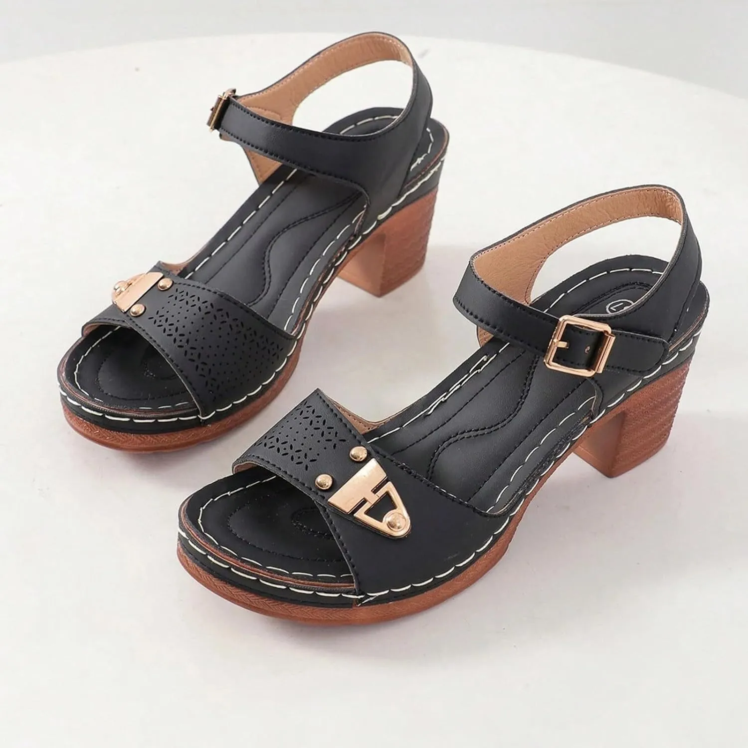 Smoneyful Womens Beach Comfortable Dressy Sandals Arch Support Ankle Strap Wedge Platform Hollow Out Open Toe Low Heel Breathable Chunky Block Soft Summer Casual Vacation Walking Sandals