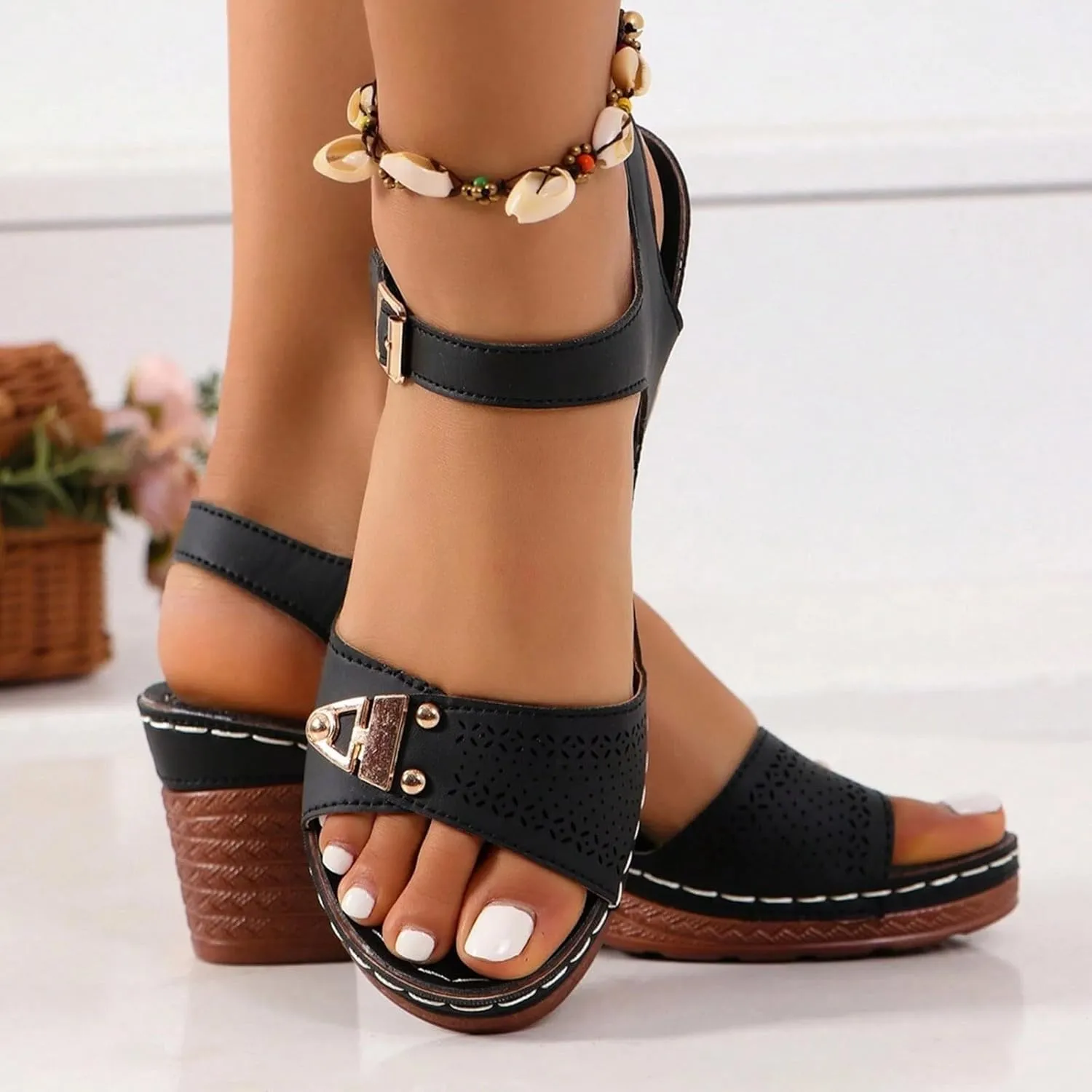 Smoneyful Womens Beach Comfortable Dressy Sandals Arch Support Ankle Strap Wedge Platform Hollow Out Open Toe Low Heel Breathable Chunky Block Soft Summer Casual Vacation Walking Sandals
